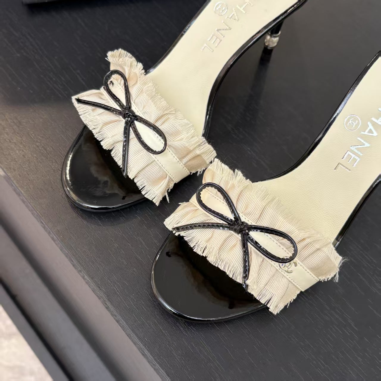 CC 25 Camellia Sandals Beige Black Silk Satin Lambskin 251720