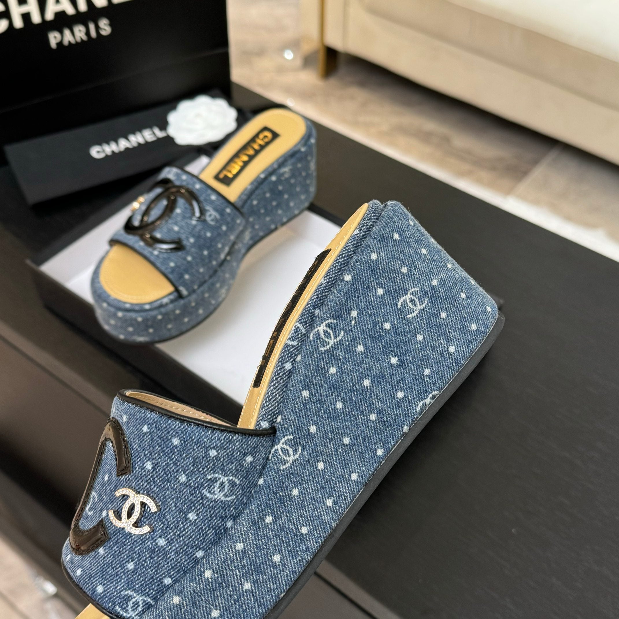 CC 25C Platform Slide Sandals Navy Blue Fabric 213158