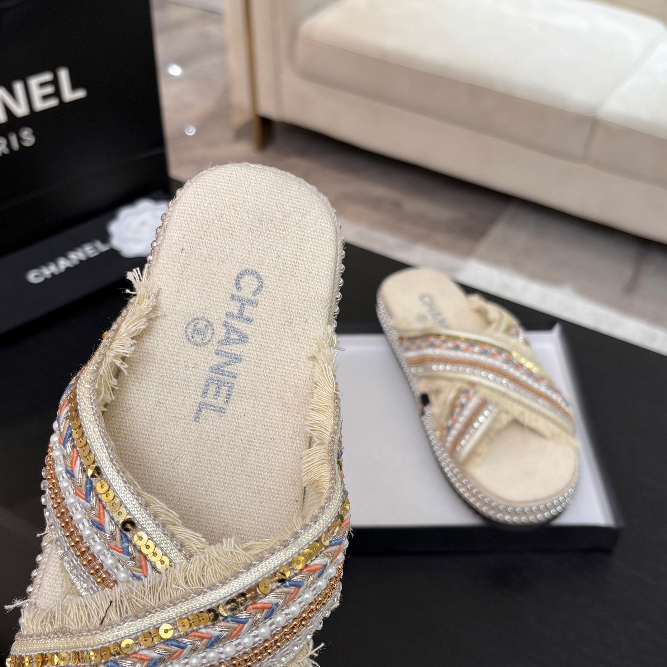 CC 25C Thick-Soled Slipper In Black Denim Navajo White Fabric 213233