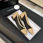 CC 25P Ballet Flat Black Beige Raffia Large Logo