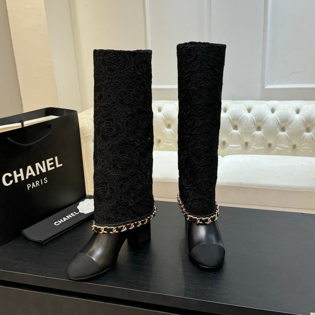 CC 25B High Boots Black Lace With Chain And Grosgrain 373806