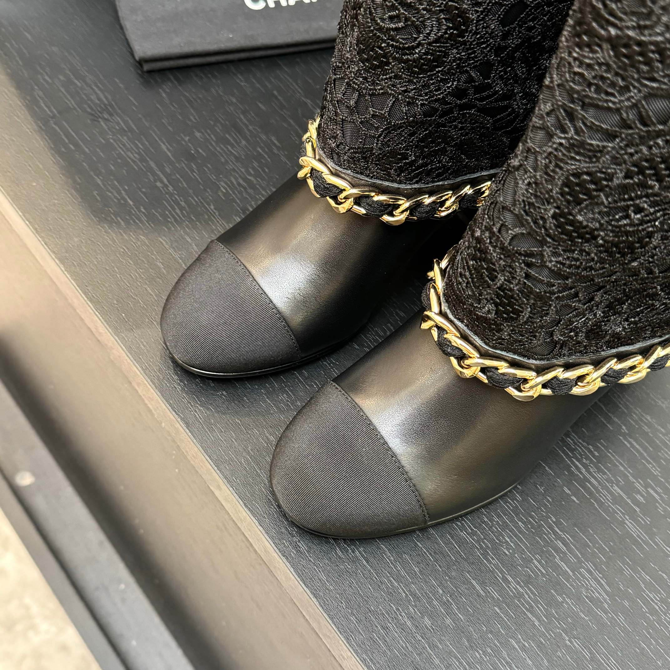CC 25B High Boots Black Lace With Chain And Grosgrain 373806