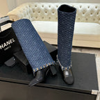 CC 25B High Boots Navy Blue Denim With Chain Black Grosgrain 373807