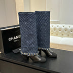CC 25B High Boots Navy Blue Denim With Chain Black Grosgrain 373807