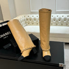 CC 25B High Boots Beige Sheepskin With Chain Black Grosgrain 373809