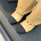CC 25B High Boots Beige Sheepskin With Chain Black Grosgrain 373809
