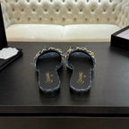 CC 25B Flat Mule Sandals Navy Blue Denim With Chain 373812