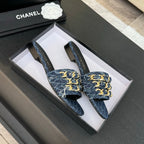 CC 25B Flat Mule Sandals Navy Blue Denim With Chain 373812