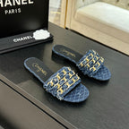 CC 25B Flat Mule Sandals Navy Blue Denim With Chain 373812