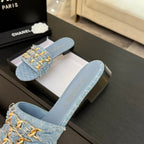 CC 25B Flat Mule Sandals Light Blue Denim With Chain 373813