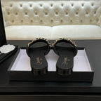 CC 25B Flat Mule Sandals Black Sheepskin With Chain 373814