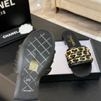 CC 25B Flat Mule Sandals Black Sheepskin With Chain 373814