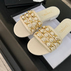 CC 25B Flat Mule Sandals Ivory Sheepskin With Chain 373815