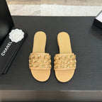 CC 25B Flat Mule Sandals Beige Sheepskin With Chain 373816