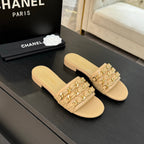 CC 25B Flat Mule Sandals Beige Sheepskin With Chain 373816