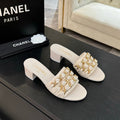 CC 25B Heel Mule Sandals 50mm Ivory Sheepskin With Chain 373817