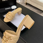 CC 25B Heel Mule Sandals 50mm Beige Sheepskin With Chain 373818