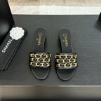 CC 25B Heel Mule Sandals 50mm Black Sheepskin With Chain 373819
