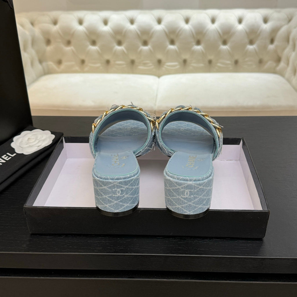 CC 25B Heel Mule Sandals 50mm Light Blue Denim With Chain 373820