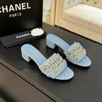 CC 25B Heel Mule Sandals 50mm Light Blue Denim With Chain 373820