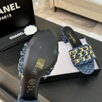 CC 25B Heel Mule Sandals 50mm Navy Blue Denim With Chain 373821