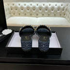 CC 25B Heel Mule Sandals 50mm Navy Blue Denim With Chain 373821