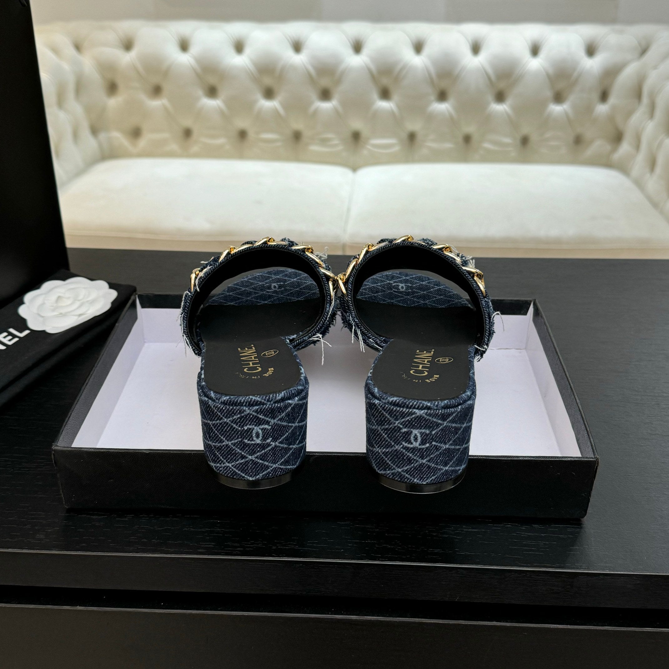 CC 25B Heel Mule Sandals 50mm Navy Blue Denim With Chain 373821