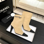 CC Gabrielle Chanel Ankle Boots 8.5cm Beige Suede Black Fabric