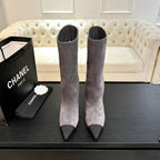 CC Gabrielle Chanel Boots 8.5cm Purple-Grey Suede Black Fabric