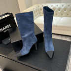 CC Gabrielle Chanel Boots 8.5cm Dark Blue Suede Black Fabric
