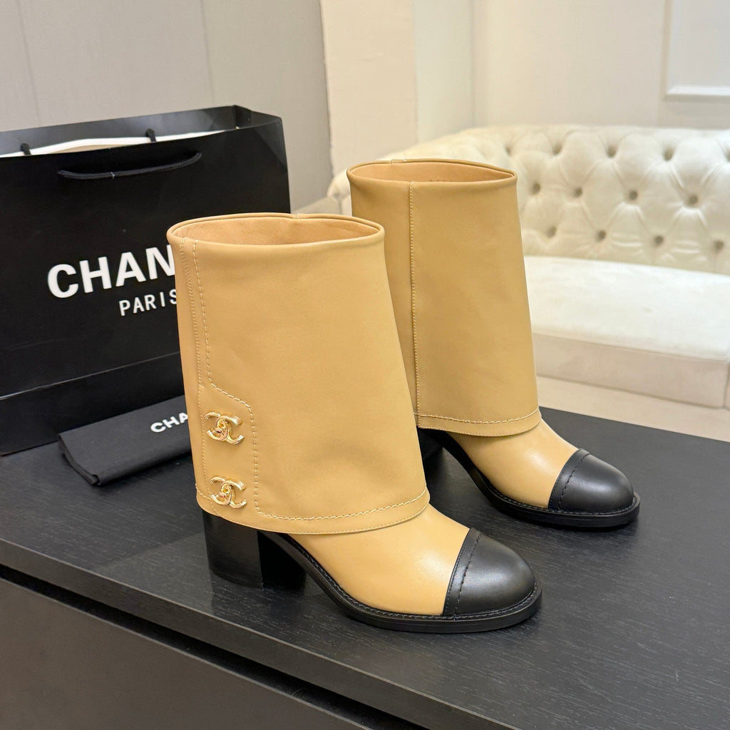 CC 26s Chunky Heel Trouser Ankle Boots Black Beige Sheepskin 673033