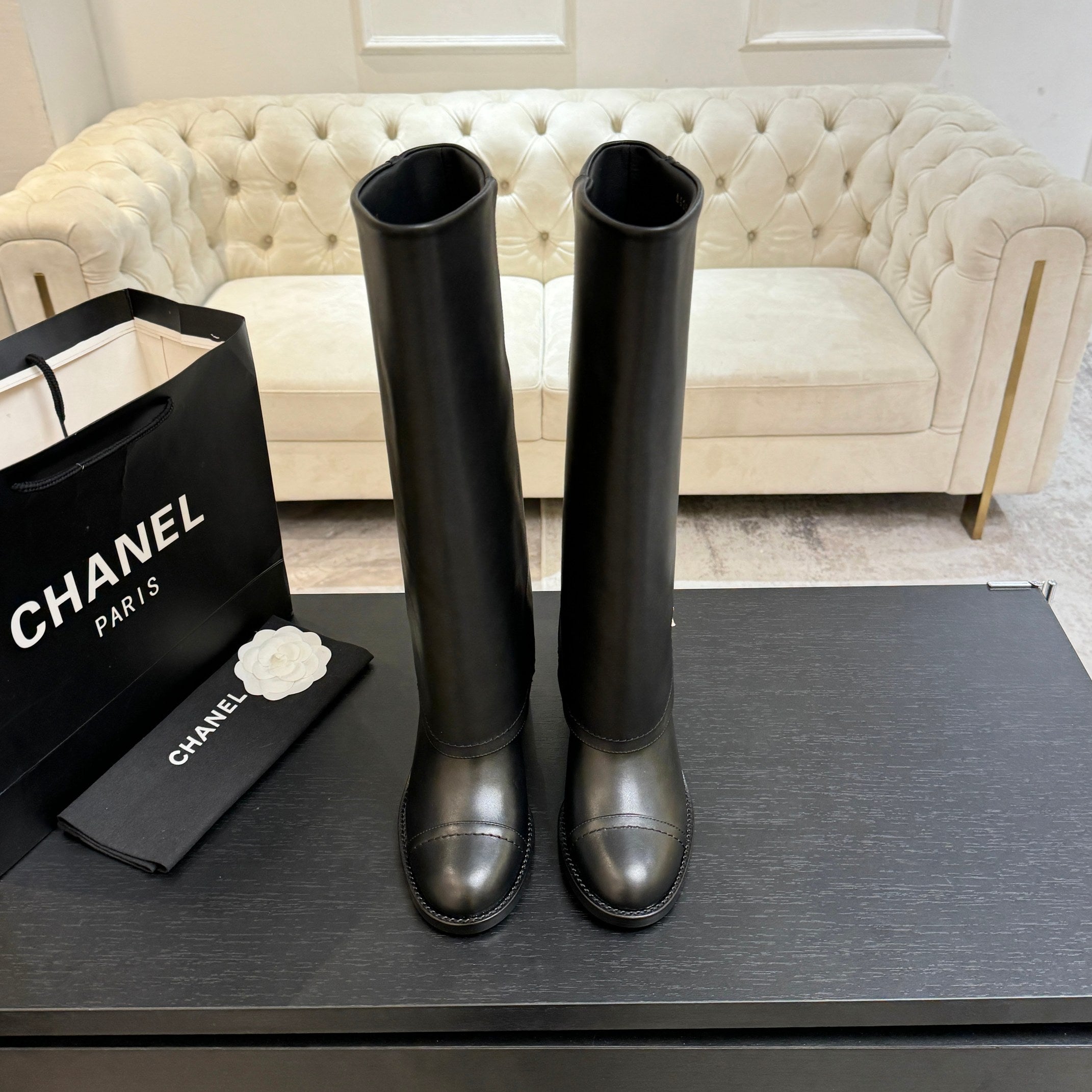 CC 26s Chunky Heel Trouser Boots Black Sheepskin 673036