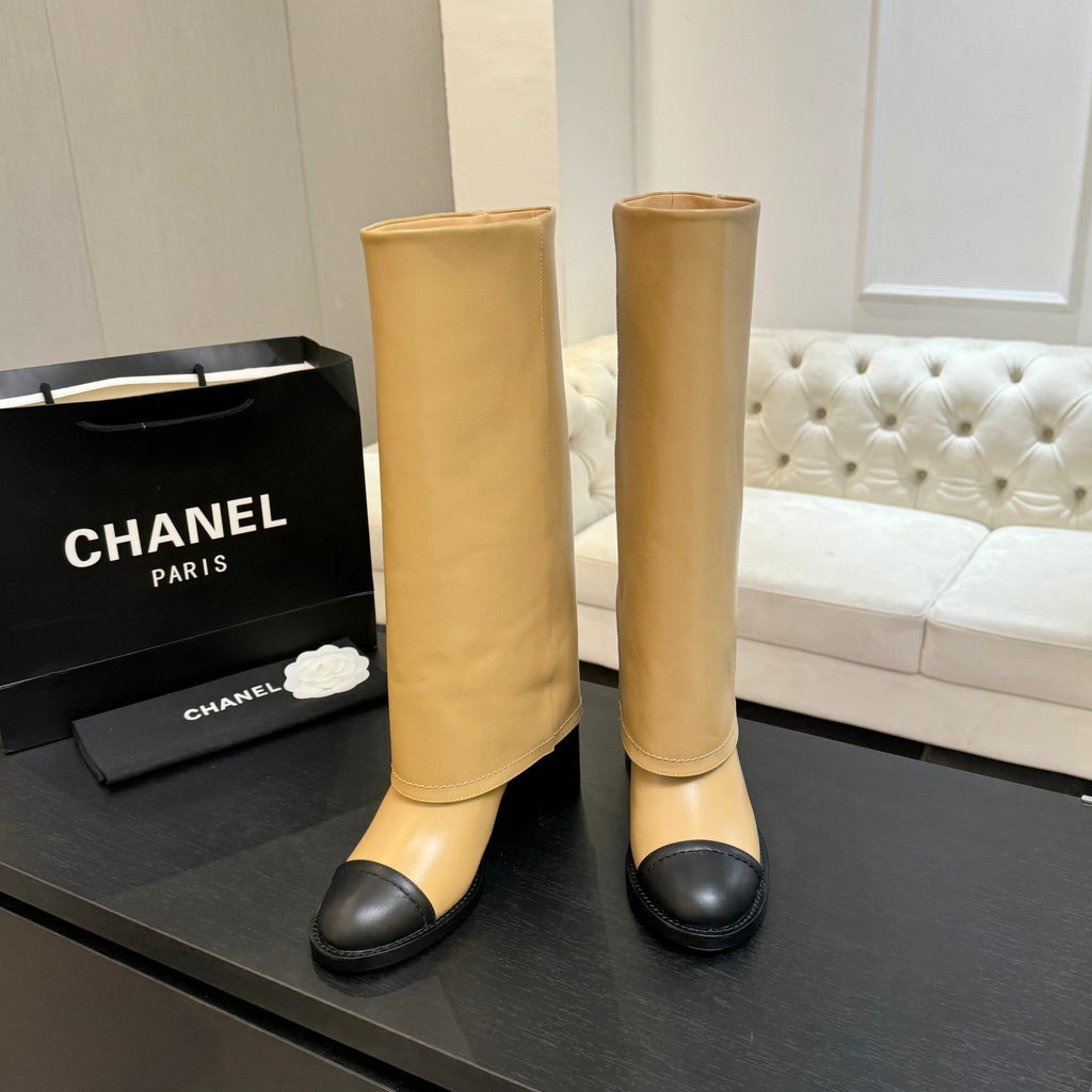 CC 26s Chunky Heel Trouser Boots Black Beige Sheepskin 673037