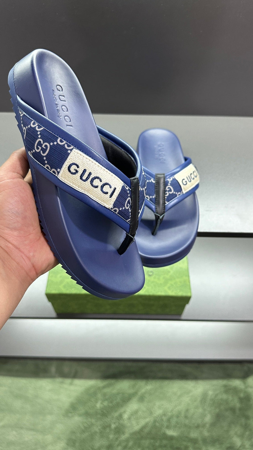 GG Men's Thong Sandals Blue Polyester Leather 547248