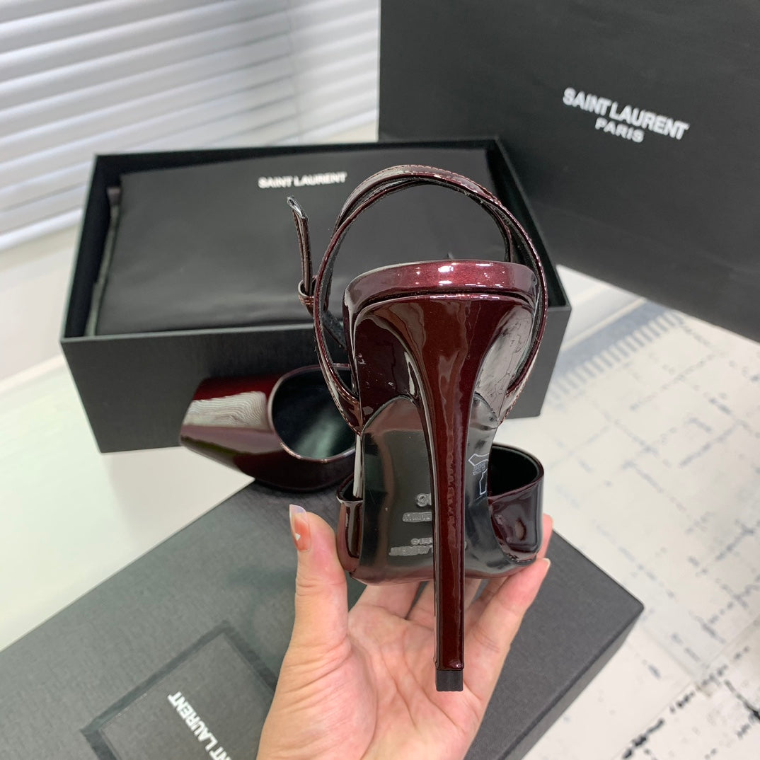 SL FISH MOUTH SANDAL PUMP BERRY POLISHED CALFSKIN