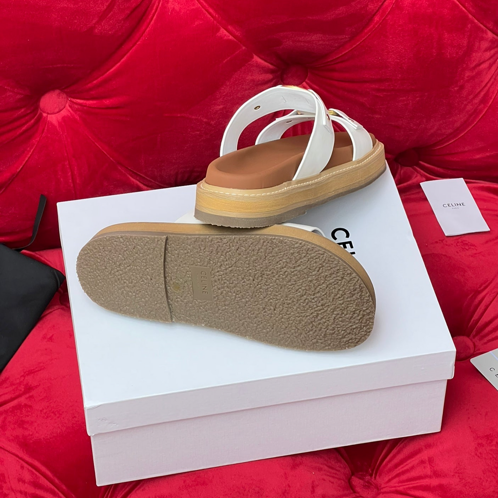 Sandal Flat White Brown Canvas