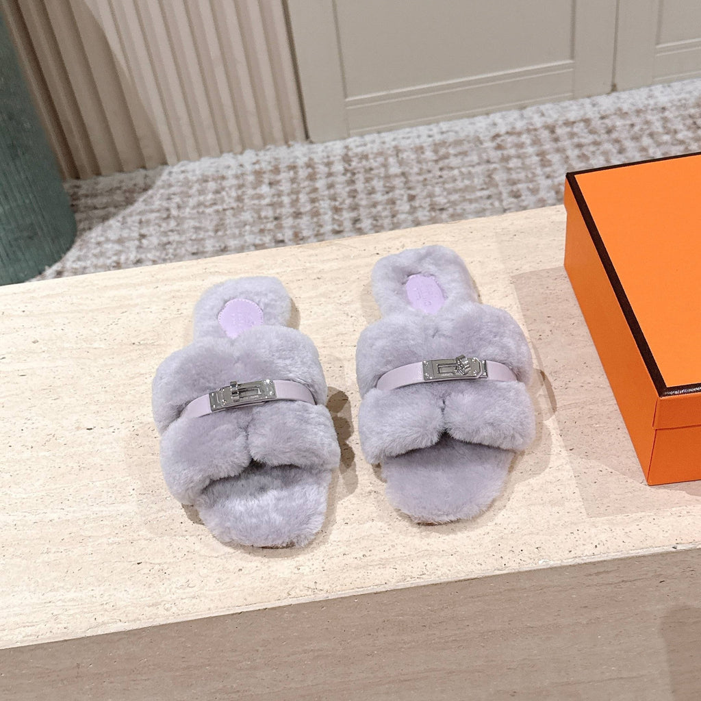 HM Oran Slippers Sliver Buckle Light Purple Wool 583752