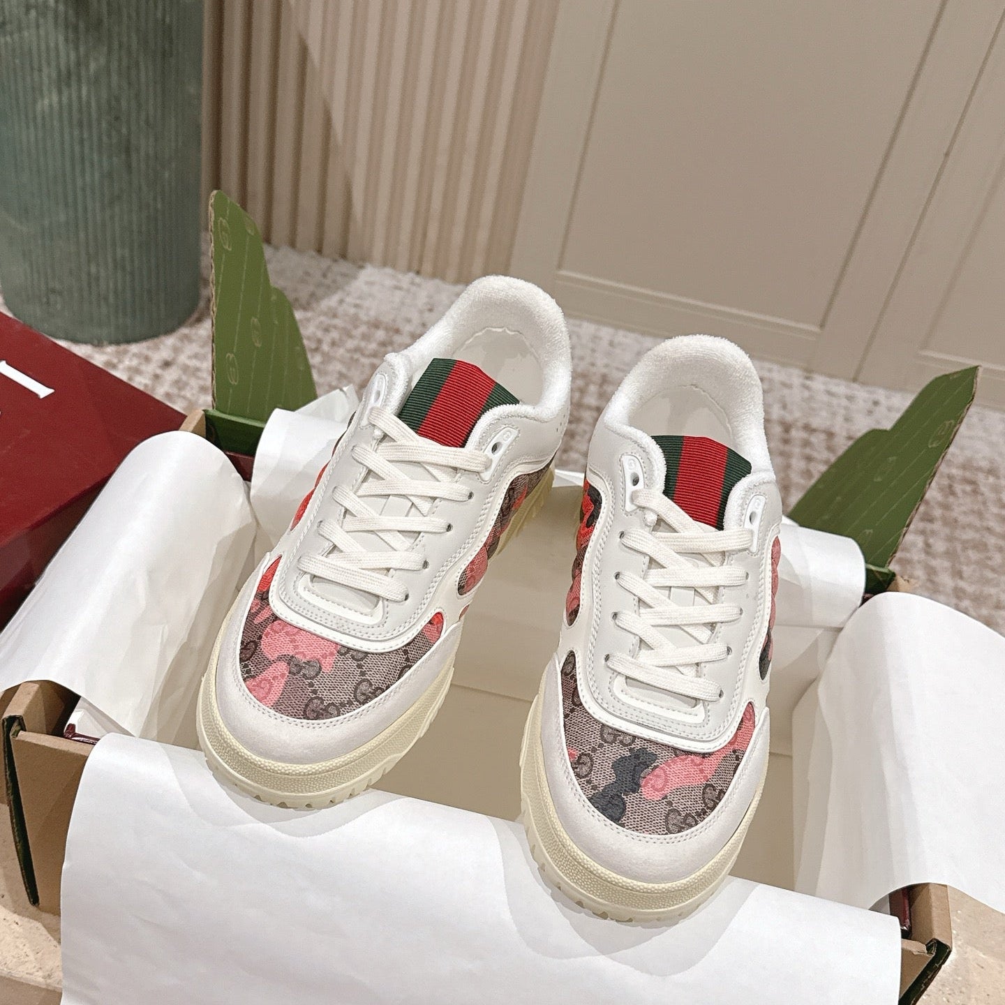GG Re-Web Sneakers White Black Light Pink Calfskin 584475