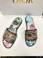 CD 26s Embroidered Sandals Blue Multicolor Canvas Leather 683006