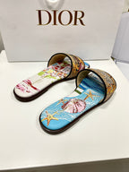 CD 26s Embroidered Sandals Blue Beige Multicolor Canvas Leather 683007