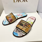 CD 26s Embroidered Sandals Blue Beige Multicolor Canvas Leather 683007