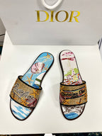 CD 26s Embroidered Sandals Blue Beige Multicolor Canvas Leather 683007