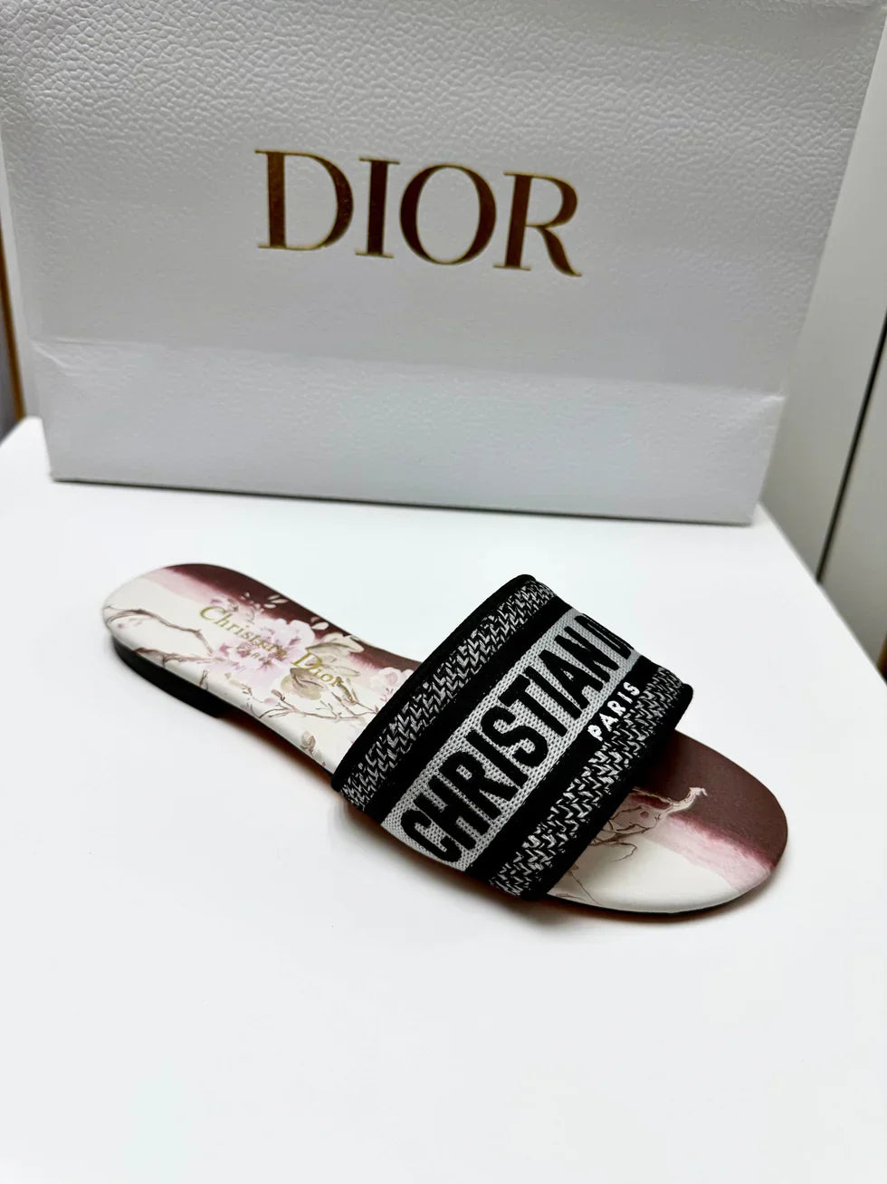 CD 26s Embroidered Sandals Black White Burgundy Canvas Leather 683021