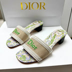 CD 26s Floral Embroidered Sandals Green Beige Canvas 683035