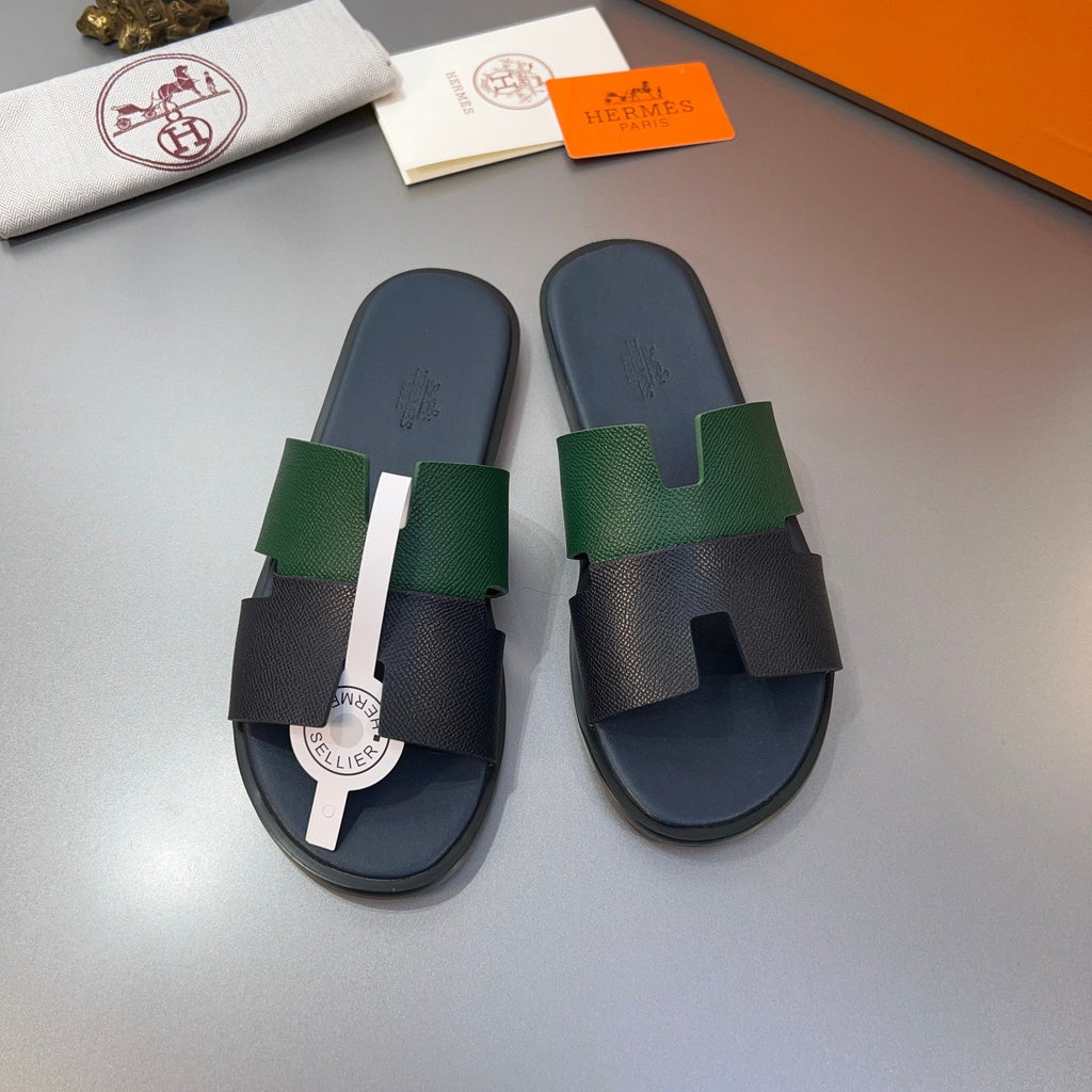 HM Oran Slippers in Black and Green Cowhide 735644