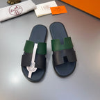 HM Oran Slippers in Black and Green Cowhide 735644