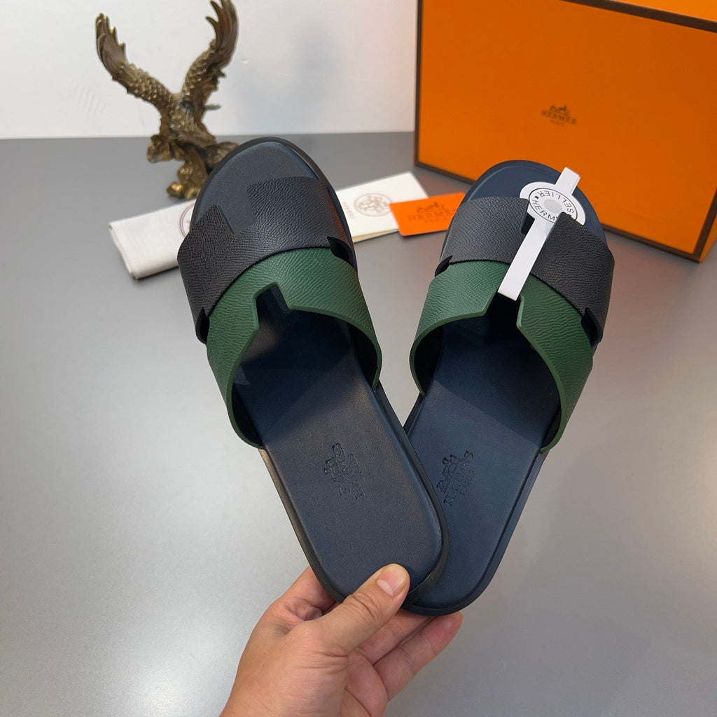 HM Oran Slippers in Black and Green Cowhide 735644