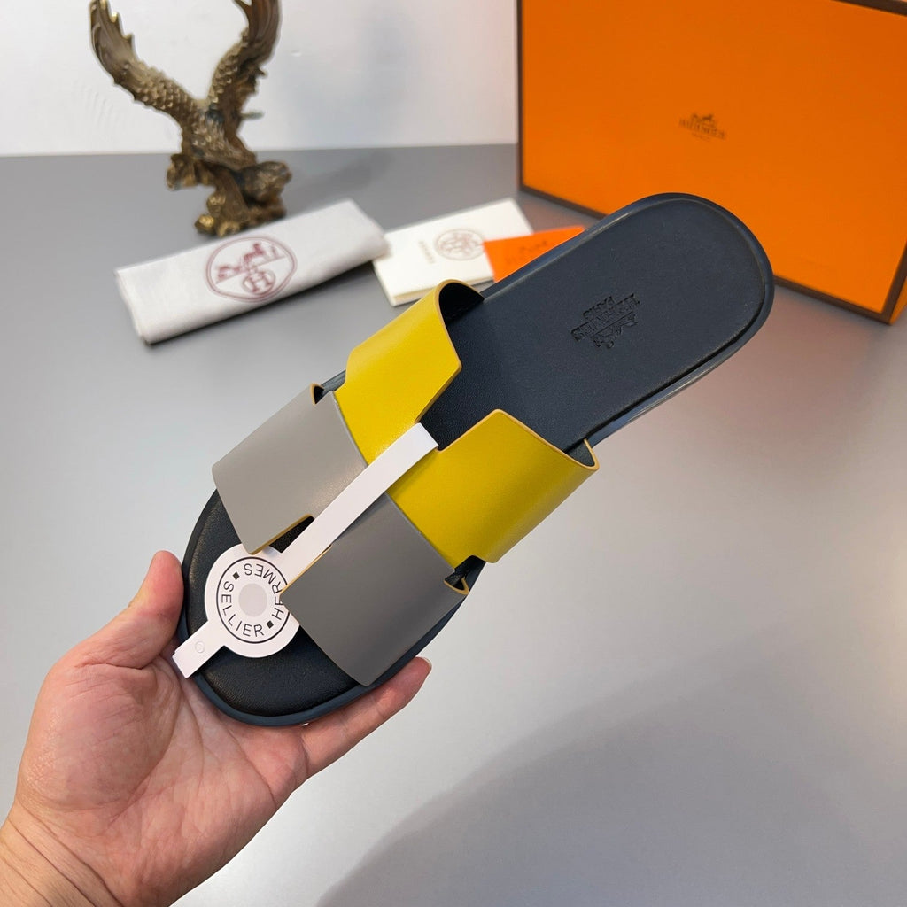 HM Oran Slippers in Light Gray and Yellow Calfskin 735646