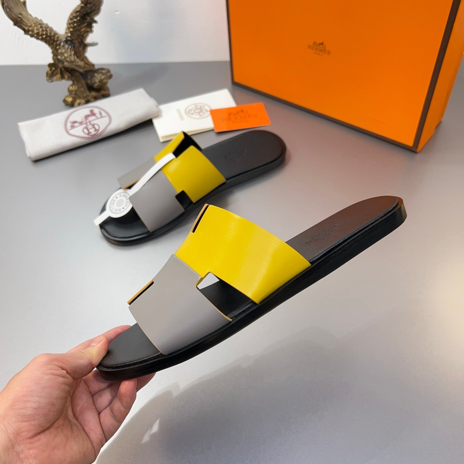 HM Oran Slippers in Light Gray and Yellow Calfskin 735646