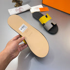 HM Oran Slippers in Light Gray and Yellow Calfskin 735646